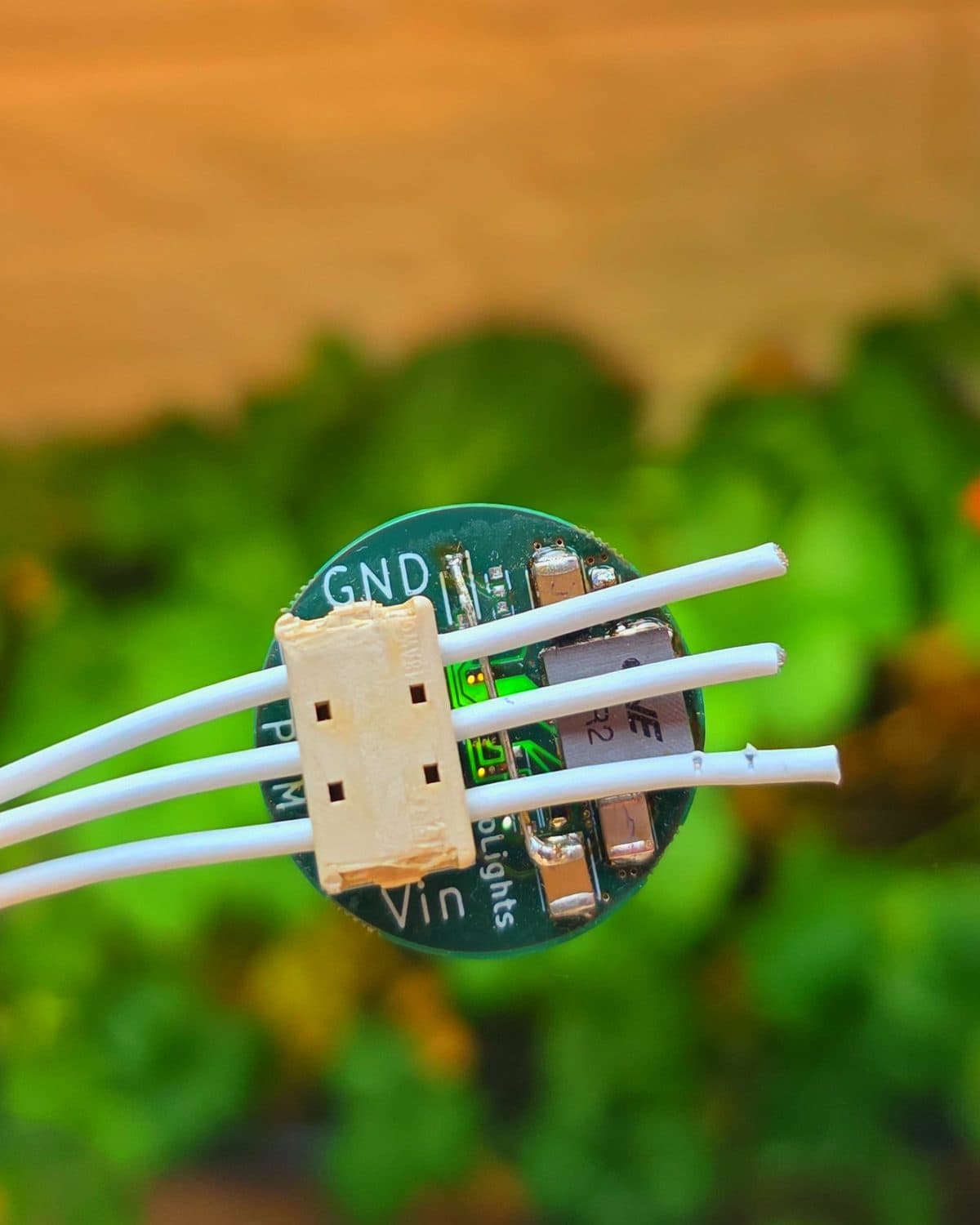 Rond LED-driverprintje met drie witte draden voor GND, PWM en Vin, voor een onscherpe achtergrond van planten onder groeilicht.