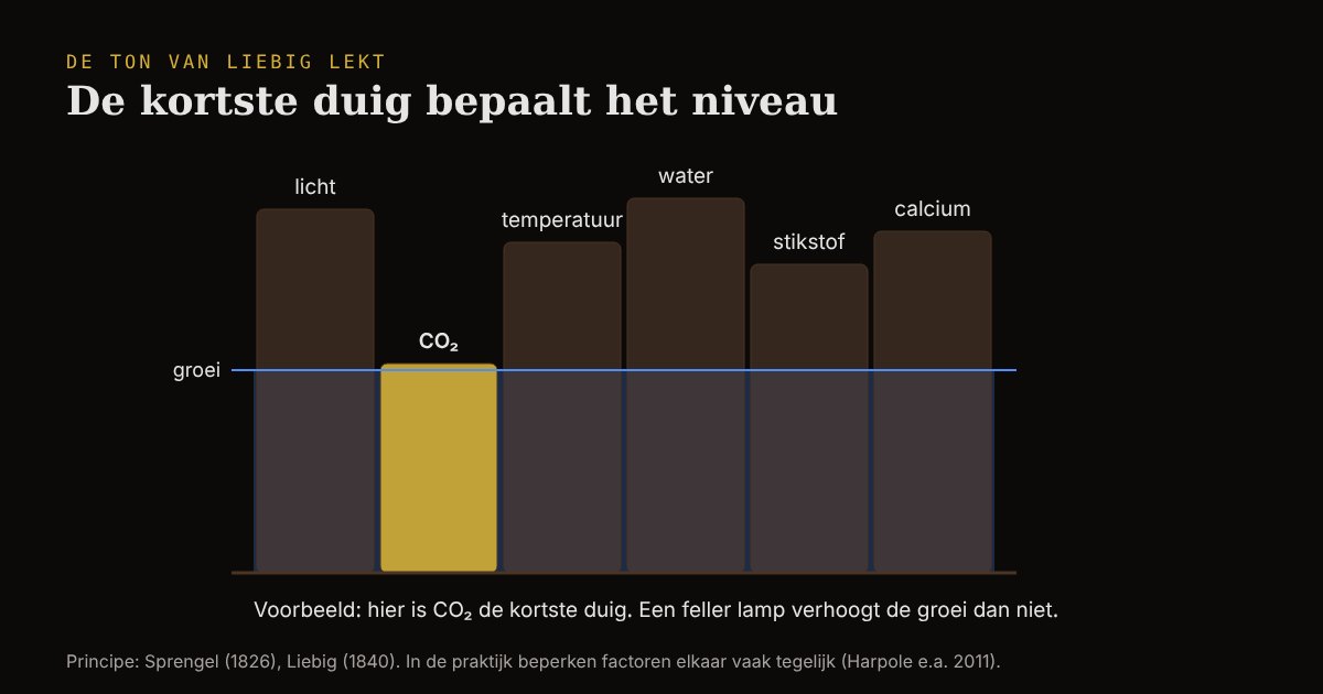 Een ton met zes duigen: licht, CO2, temperatuur, water, stikstof en calcium; het water staat tot de kortste duig, CO2