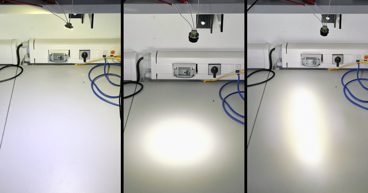 Dezelfde LED zonder lens, met een ronde spotlens en met een ovale lens